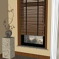 Wooden Blinds On Window With White Curtain Marble Pedestal Vase Decorative Branches