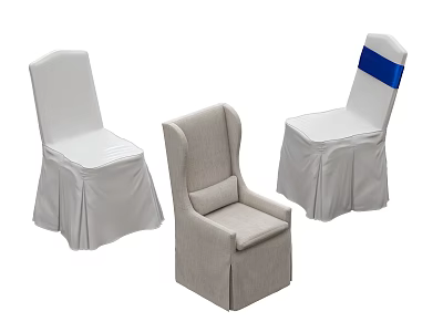 Elegant Event Chairs Including White Skirted Seats And Gray Armchair With Blue Sash 3d model