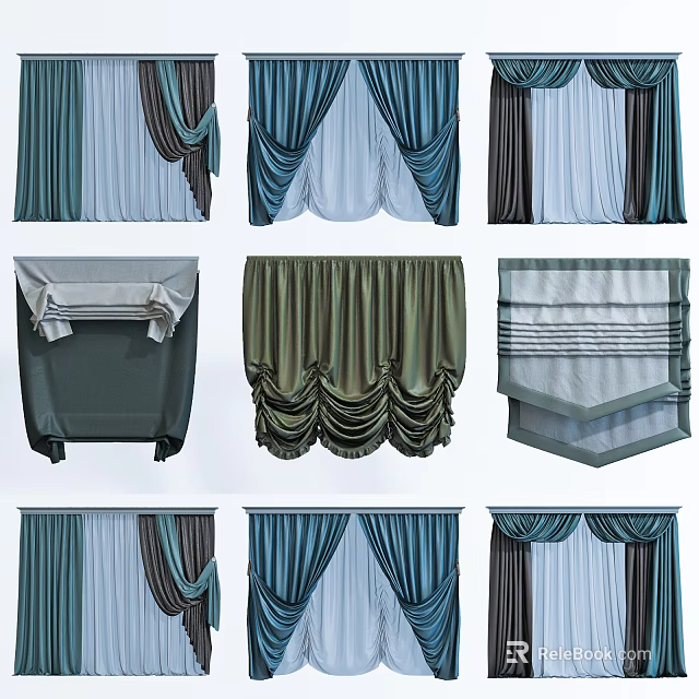 Blue Green Gray Pleated Draped Curtains Home Interior Decor Design Styles 3d model