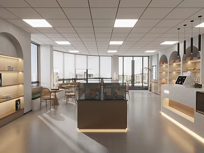 Modern Dessert Shop Interior With Display Cases Seating And Large Windows 3d model
