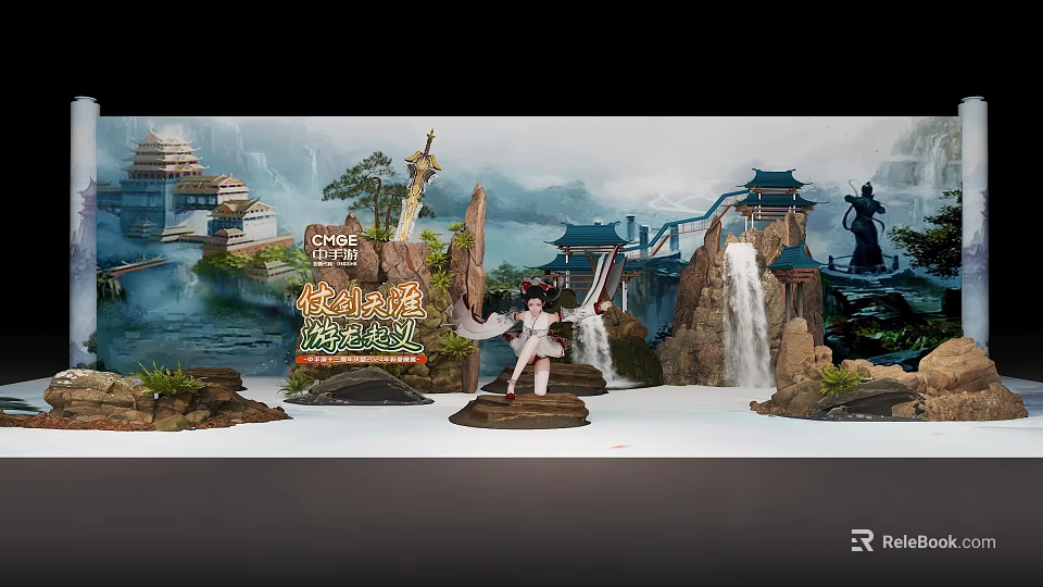 Ancient Style Photo Check In Spot With Scenic Landscape Traditional Architecture And Waterfall 3d model 