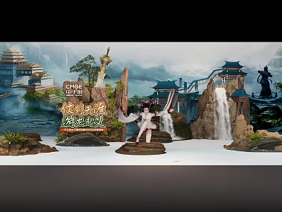 Ancient Style Photo Check In Spot With Scenic Landscape Traditional Architecture And Waterfall 3d model