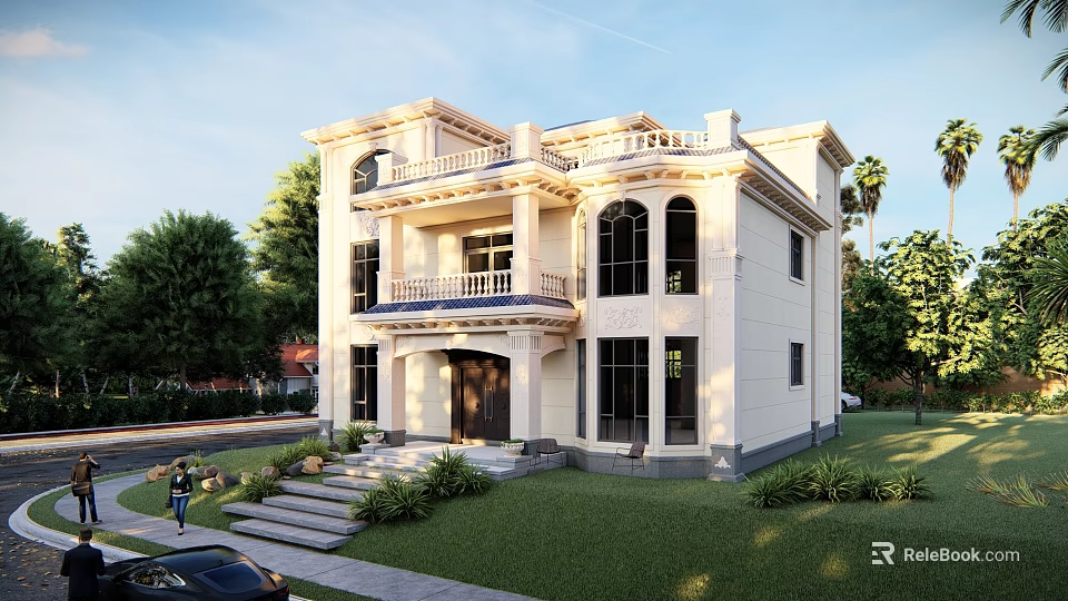 Elegant Two Story Detached Villa With Light Colored Exterior Balcony Large Windows And Green Lawn 3d model 
