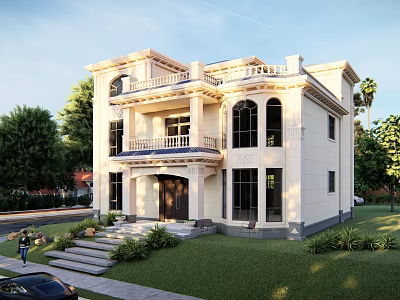 Elegant Two Story Detached Villa With Light Colored Exterior Balcony Large Windows And Green Lawn 3d model