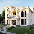 Elegant Two Story Detached Villa With Light Colored Exterior Balcony Large Windows And Green Lawn