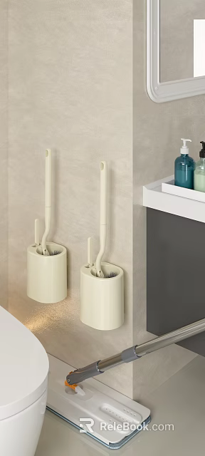 Bathroom Set With Beige Toilet Brushes Holders And Toiletries On Shelf 3d model 