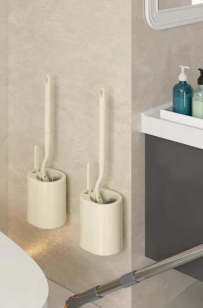 Bathroom Set With Beige Toilet Brushes Holders And Toiletries On Shelf 3d model