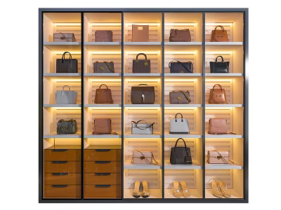 Stylish Bags Display In Well Lit Cabinet With Shoes And Drawers 3d model Stylish Bags Display In Well Lit Cabinet With Shoes And Drawers 3d model