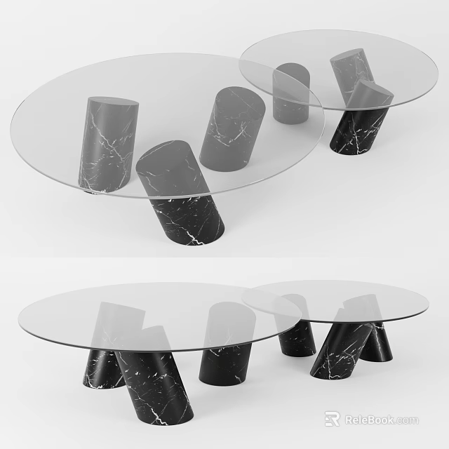 Modern Round Glass Top Coffee Table With Black Marble Legs 3d model 