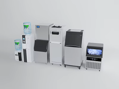 Modern Kitchen Appliances Including Water Dispenser Ice Maker In Various Sizes Styles White Gray Tones 3d model
