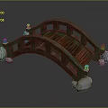 Traditional Red Wooden Bridge Structure With Stone Supports And Curved Design