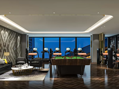Luxurious Recreation Room Interior With Pool Table Sofa And Floor to Ceiling Windows 3d model