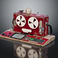 Vintage Red Kitchen Appliance With Reel Design Control Panel Digital Display And Wooden Base