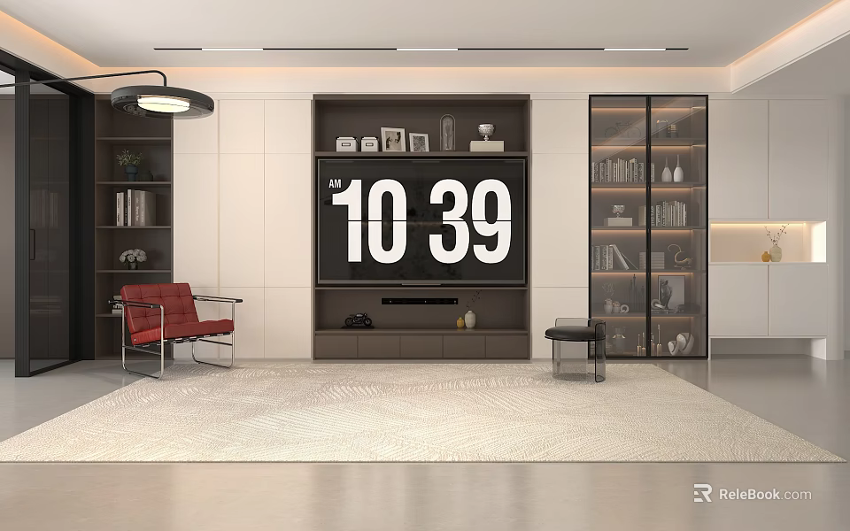 Modern Living Room TV Stand With Large TV Bookshelves Red Chair And Carpet 3d model 