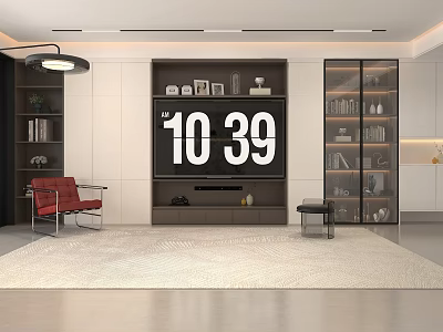 Modern Living Room TV Stand With Large TV Bookshelves Red Chair And Carpet 3d model