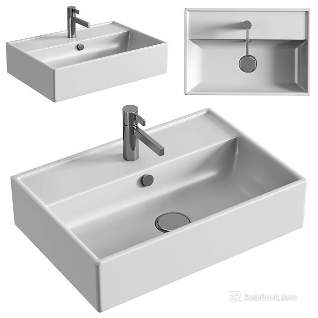 Modern White Ceramic Bathroom Washbasin With Sleek Square Design And Chrome Faucet 3d model 