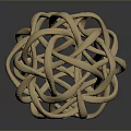 Shiny Golden Spherical Sculpture With Intertwined Metal Strips On Dark Background