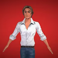 Man in White Shirt with Rolled-up Sleeves Blue Jeans and Black Shoes Against Red Background