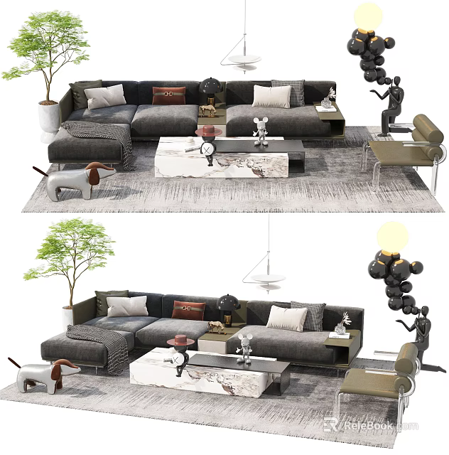 Modern Sofa And Coffee Table Set With L Shaped Design Marble Top And Decorative Items 3d model