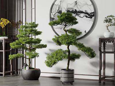 Elegant Green Bonsai Plants In Chinese Style Indoor Decoration With Wooden Stand And Round Painting 3d model