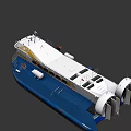 Blue and White Hovercraft with Yellow Hull Railings Orange Lifebuoy and Propellers