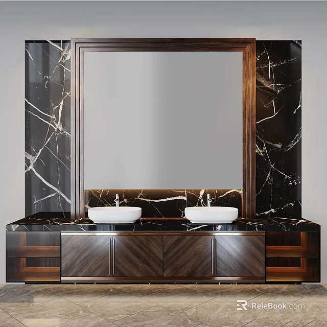 Elegant Modern Bathroom Vanity With Marble Countertop Double Sinks Wooden Cabinets And Large Mirror 3d model 