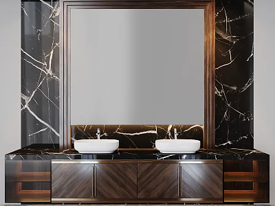 Elegant Modern Bathroom Vanity With Marble Countertop Double Sinks Wooden Cabinets And Large Mirror 3d model