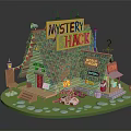 Wooden Mystery Hack Cabin Featuring Shingle Roof Red Door Wooden Steps And Decorative Lanterns