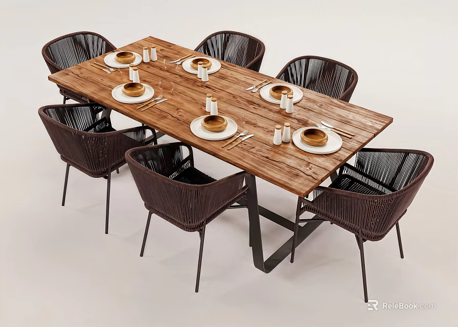 Six Rattan Chairs And Wooden Dining Table Set With Plates And Cups 3d model 