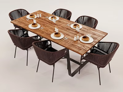 Six Rattan Chairs And Wooden Dining Table Set With Plates And Cups 3d model