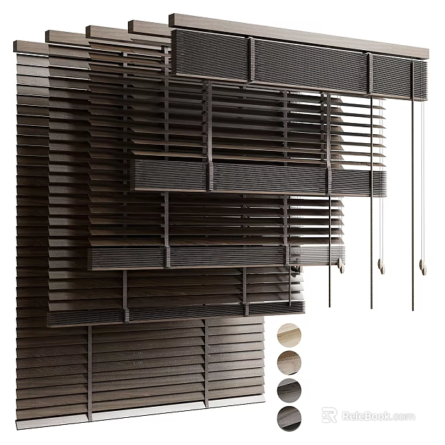 Dark Brown Wooden Window Blinds With Adjustable Slats And Control Cords 3d model 