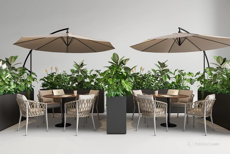 Woven Outdoor Chairs Under Brown Umbrellas With Green Plants And Black Planters 3d model 