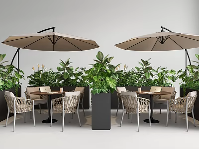 Woven Outdoor Chairs Under Brown Umbrellas With Green Plants And Black Planters 3d model