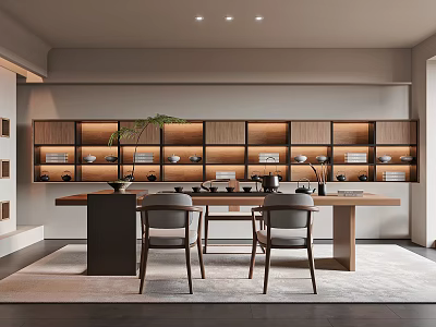 Traditional Tea Room Interior With Wooden Display Shelves Tea Sets Long Table And Green Plants 3d model