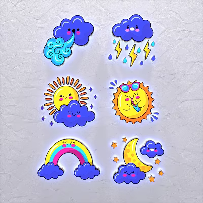 Cartoon Weather Themed Decorative Ornament Set With Rainbow Sun Moon Clouds And Stars 3d model