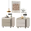 Modern Sleek White Bedside Tables With Drawers Hanging Lamp Artwork And Small Plant Decor