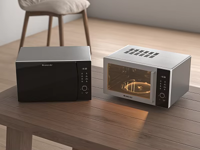 Modern Black and Silver Kitchen Appliances Microwave and Oven Placed on Wooden Table 3d model