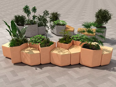 Terracotta Hexagonal Landscape Seats With Green Plants And Planters In Outdoor Area 3d model