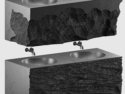 Modern Double Washbasin Design With Natural Rock Textured Surface And Brushed Nickel Faucets 3d model