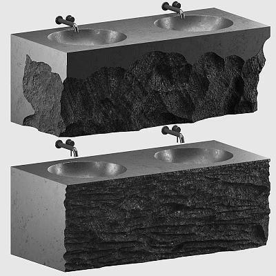 Modern Double Washbasin Design With Natural Rock Textured Surface And Brushed Nickel Faucets 3d model