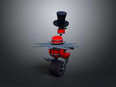 Red Mechanical Character With Black Top Hat And Blade Structure On Wheels 3d model