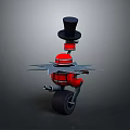 Red Mechanical Character With Black Top Hat And Blade Structure On Wheels