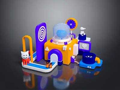 Colorful Commercial Equipment With Purple Target Board Orange Structure And Transparent Dome Interactive Figures 3d model