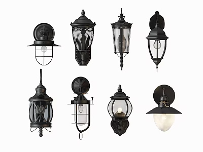 Black Wall Lamps With Various Vintage Designs Glass Shades And Metal Frames 3d model