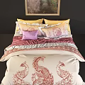 Elegant Background Double Bed With Colorful Pillows Red Pattern Bedspread And Peacock Painting 3d model