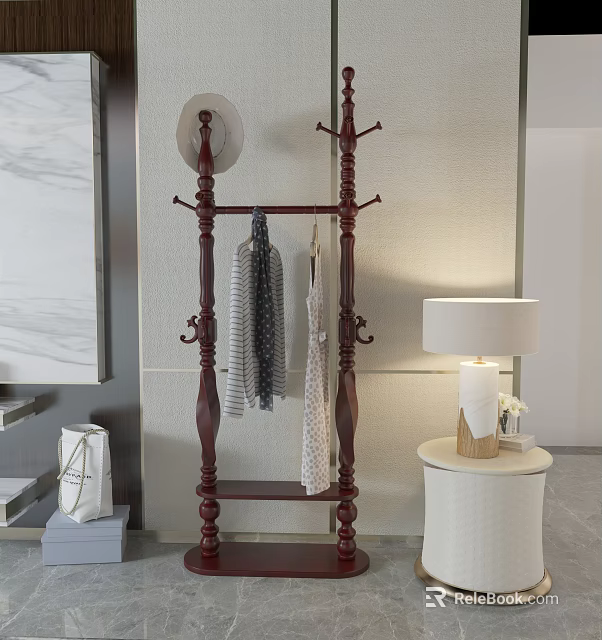 Vintage Wardrobe Interior Design With Dark Wood Hanging Rod Hat Scarf And Dress 3d model 