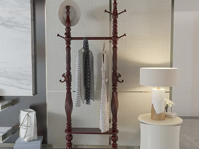 Vintage Wardrobe Interior Design With Dark Wood Hanging Rod Hat Scarf And Dress 3d model