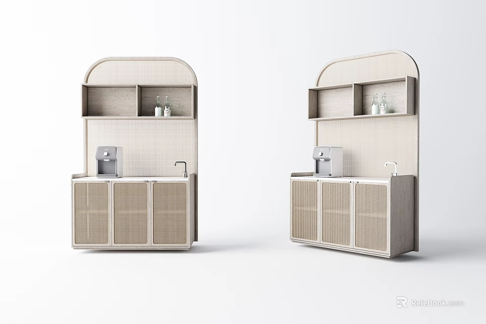 Modern Light Wood Storage Cabinet Shelf With Open Shelves And Decorative Items 3d model 