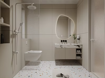 Modern Bathroom Interior With Oval Mirror Shower Area Vanity Cabinet And Terrazzo Floor 3d model