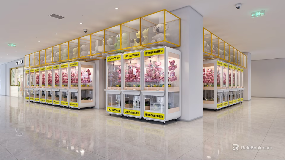 Indoor Amusement Park With Row of Claw Machines And Colorful Stuffed Toys 3d model 